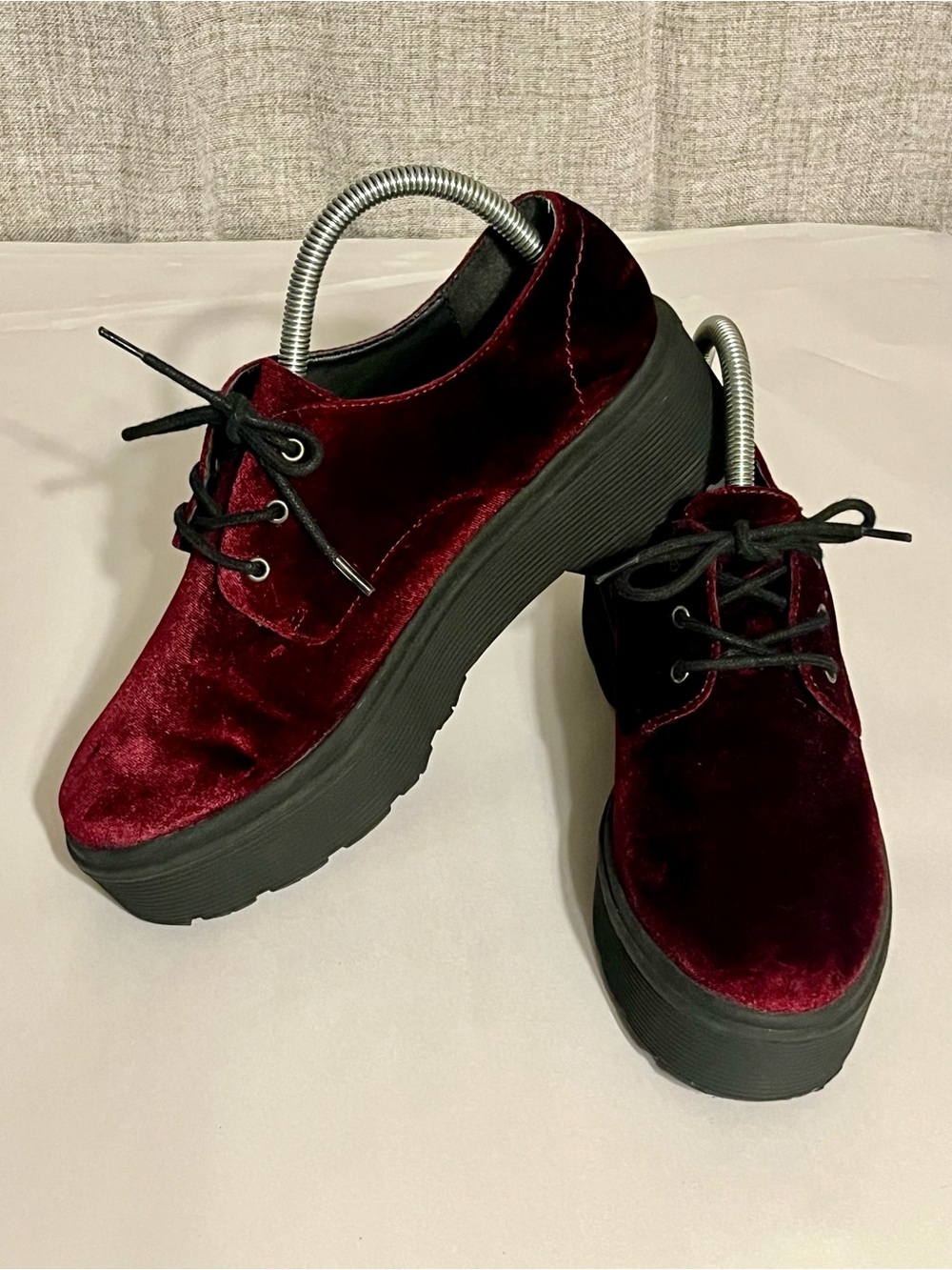 Burgundy Velvet Platform Shoes Lace up